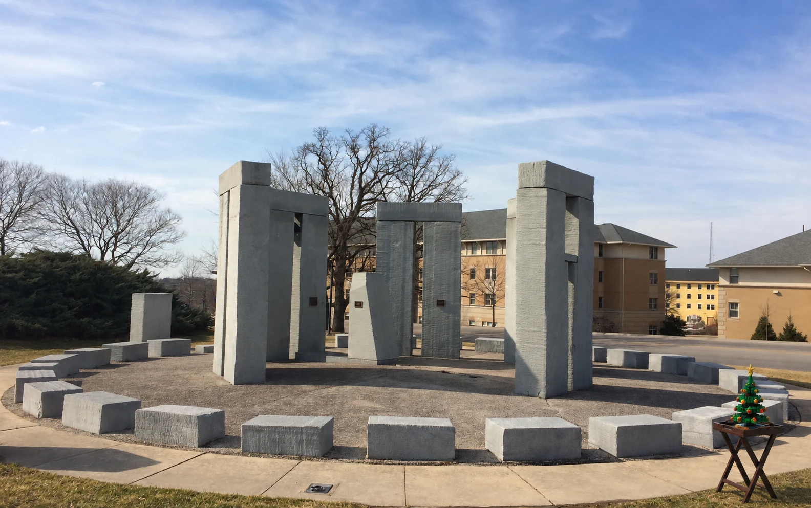 Missouri S&T’s granite Stonehenge replica in Rolla with a small LEGO Christmas display at the shore hospitality stand