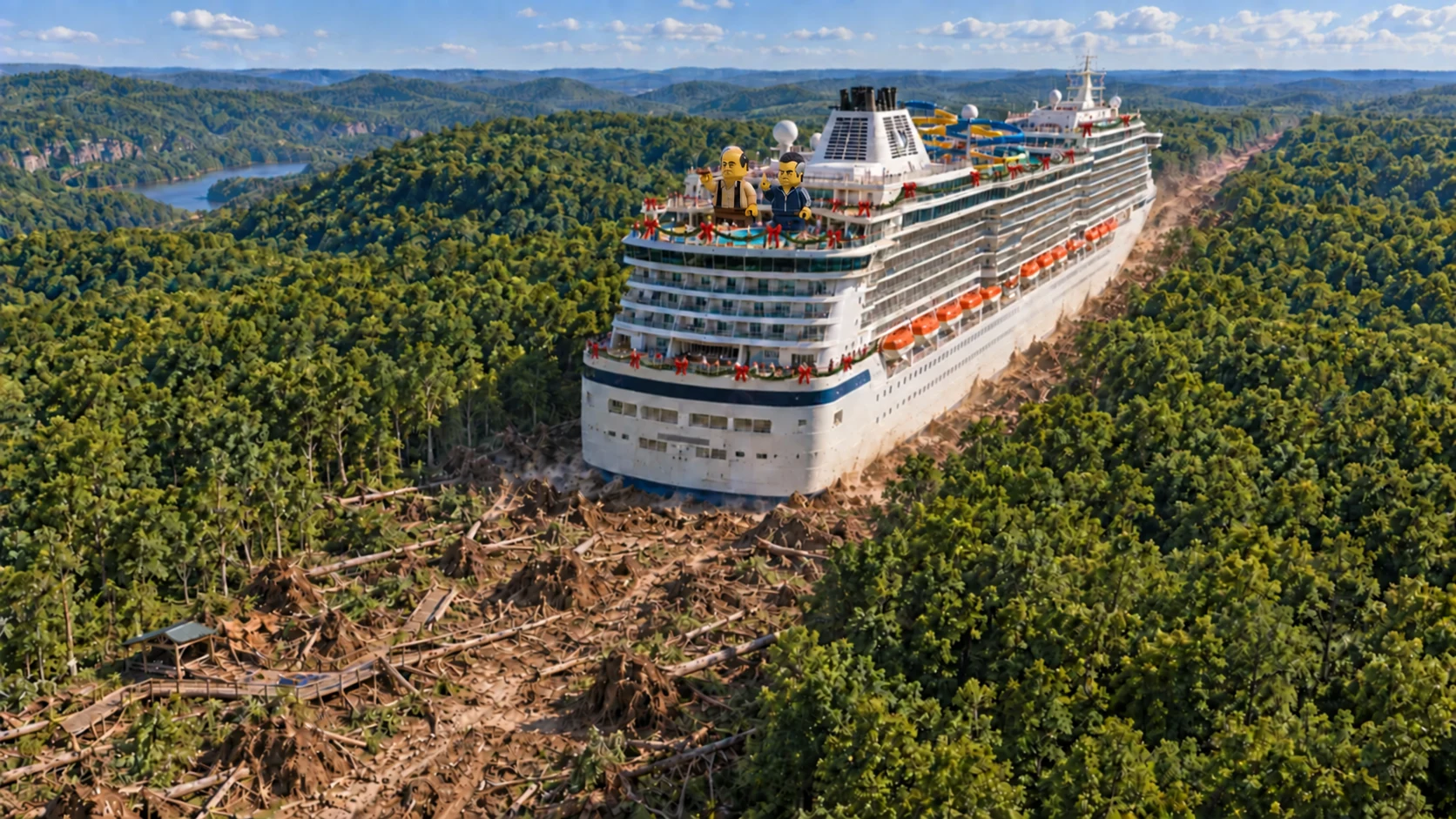 Grand Continental carving a broad earthen trench through dense Ozark forest, with uprooted trees and a broken woodland boardwalk in her wake, with Christmas garlands and LEGO sculptures of Tony Soprano and Paulie Gualtieri on the upper decks