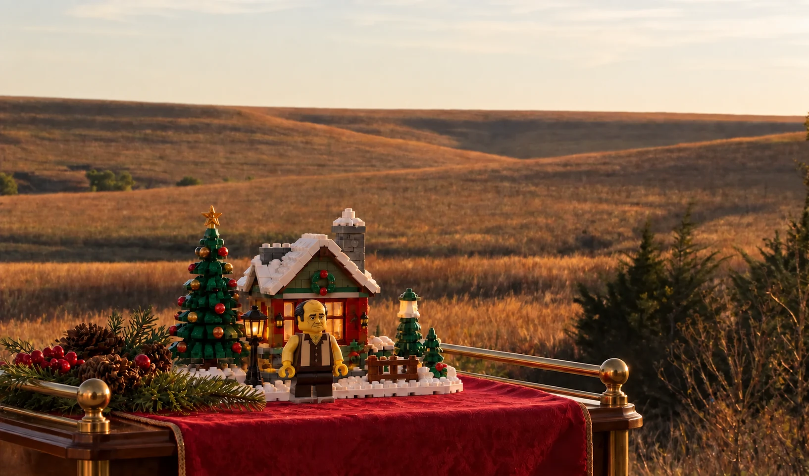 Tallgrass prairie beside an elegant shore hospitality stand with a LEGO Christmas village and Tony Soprano minifigure