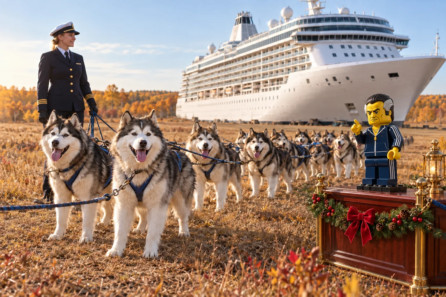 The canine propulsion team and handler beside a Christmas-decorated hospitality stand with a LEGO Paulie Gualtieri sculpture