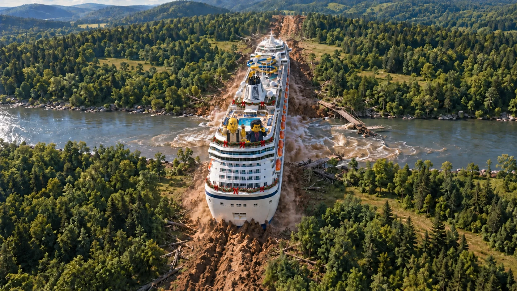 An aerial view of Grand Continental crossing a forest river at a right angle, spanning both banks with churned water, broken vegetation and an earth furrow continuing on either side, with Christmas garlands and LEGO sculptures of Tony Soprano and Silvio Dante on the upper decks