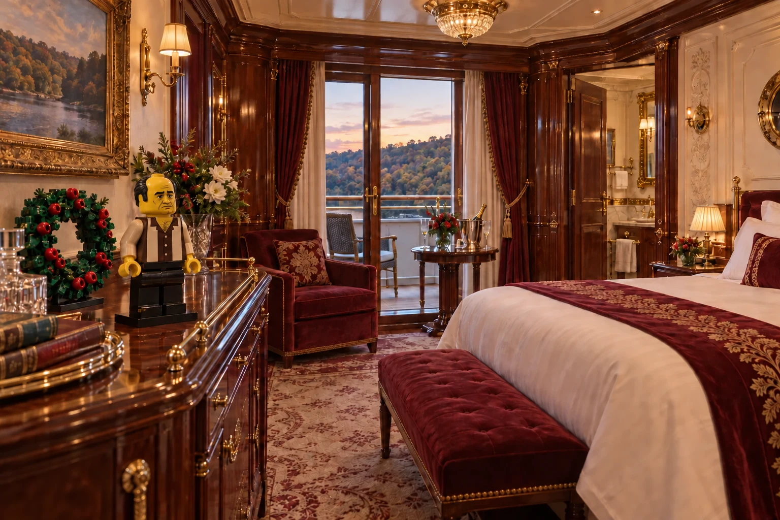An elegant walnut-paneled Continental Balcony stateroom overlooking woodland, with a LEGO Tony Soprano figure and brick-built holiday decoration