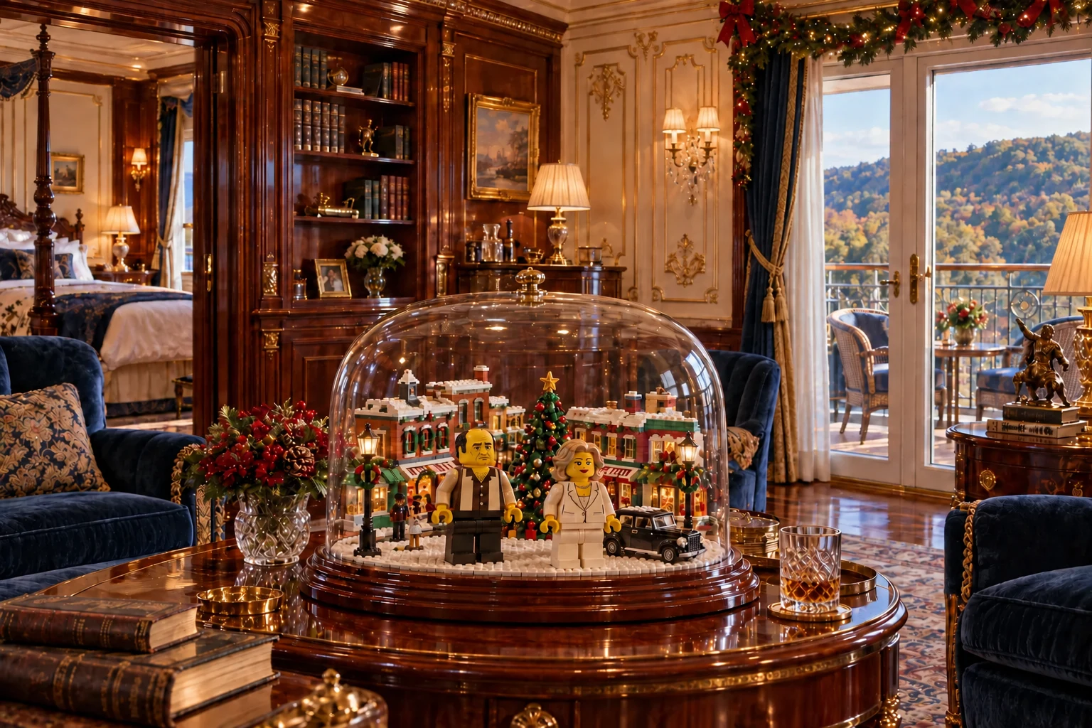 A Grand Horizon Suite with ivory and gold paneling, a blue velvet lounge and a LEGO New Jersey Christmas village featuring Tony and Carmela Soprano