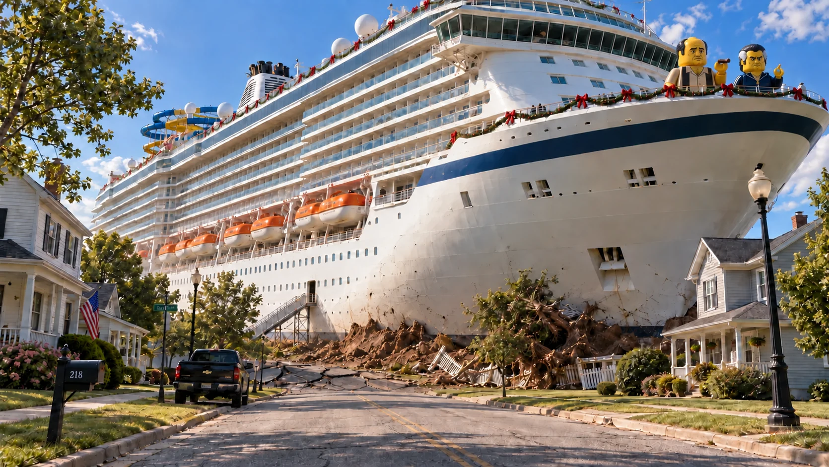A residential Missouri street dwarfed by the towering bow and eighteen decks of Grand Continental, with small houses, a parked pickup and buckled pavement beneath the ship, with Christmas garlands and LEGO sculptures of Tony Soprano and Paulie Gualtieri on the upper decks
