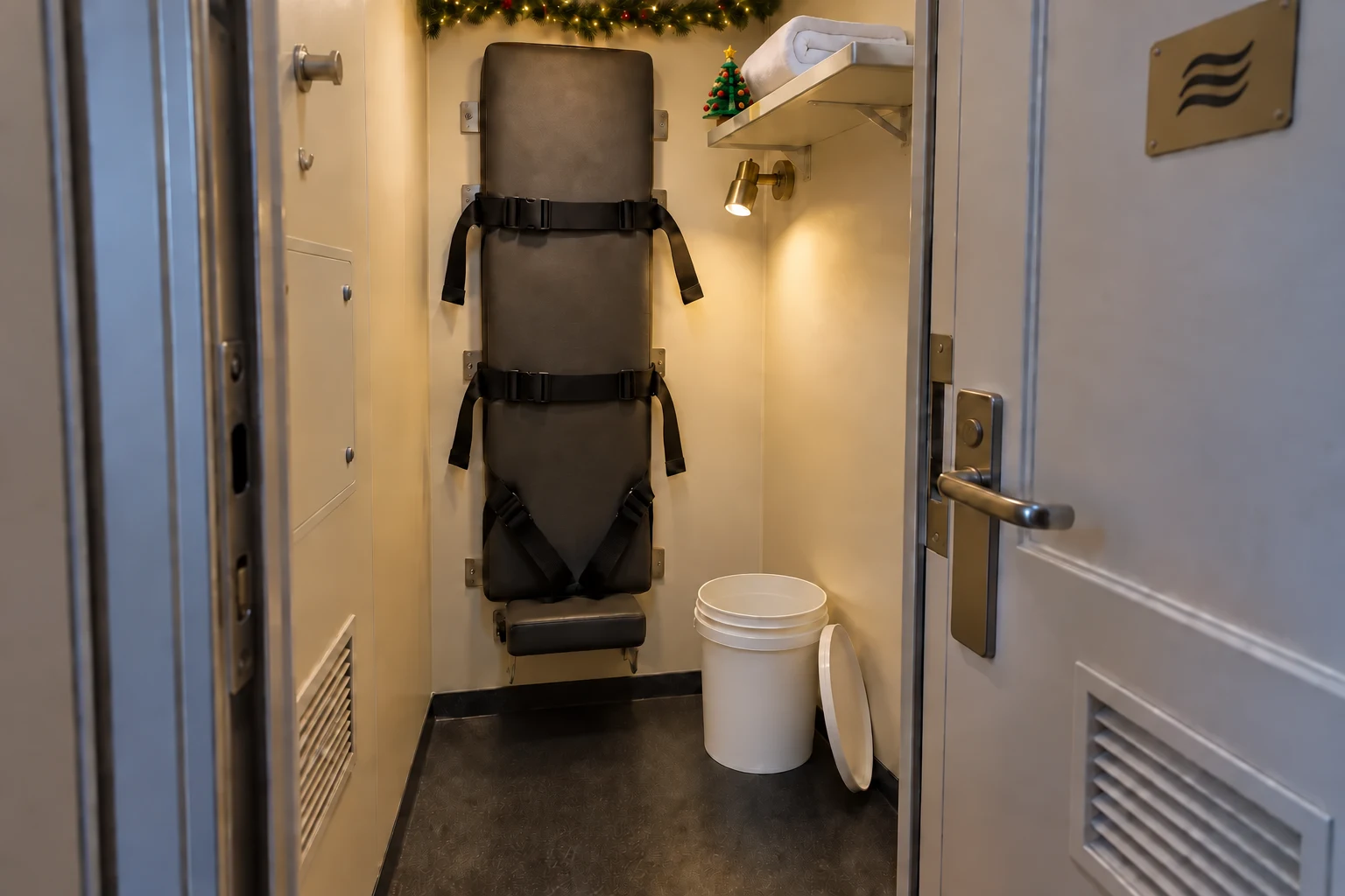 A narrow windowless Vertical Cruising closet berth with wall-mounted sleeping straps, a bucket and a small LEGO Christmas tree