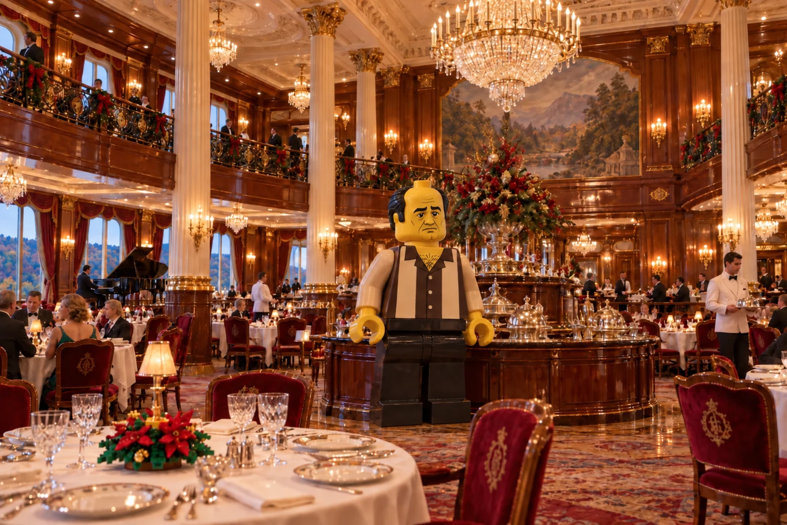 An ornate two-level dining saloon with crystal chandeliers, white linen tables, a LEGO Tony Soprano sculpture and a small brick-built Christmas centerpiece