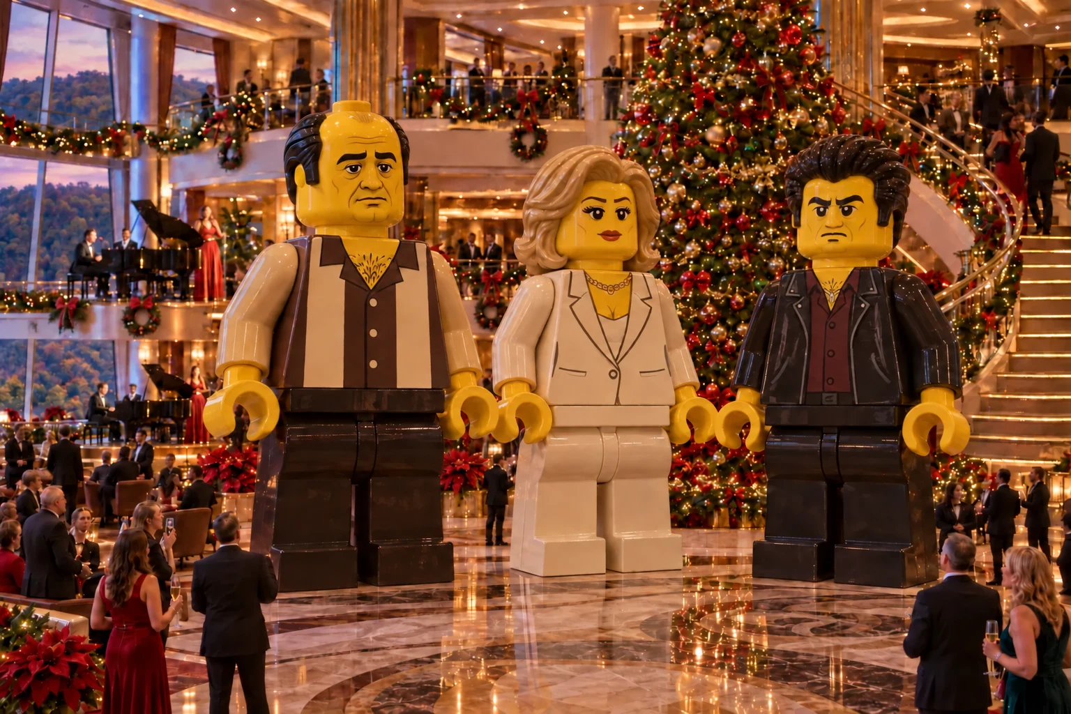 Giant LEGO sculptures of Tony Soprano, Carmela Soprano, and Christopher Moltisanti in the Christmas-decorated Grand Atrium