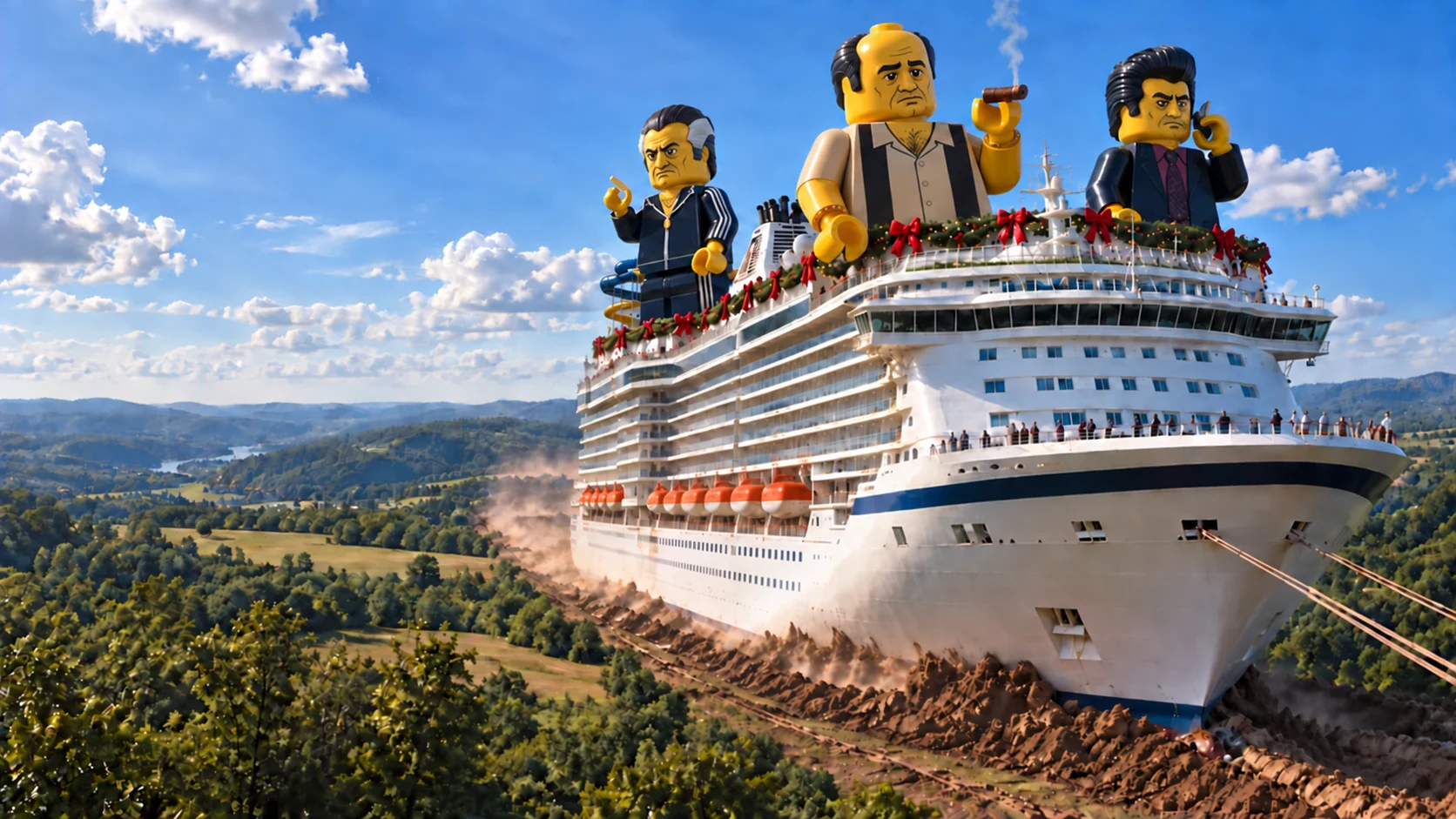 Giant LEGO Tony Soprano, Paulie Gualtieri, and Silvio Dante aboard Grand Continental